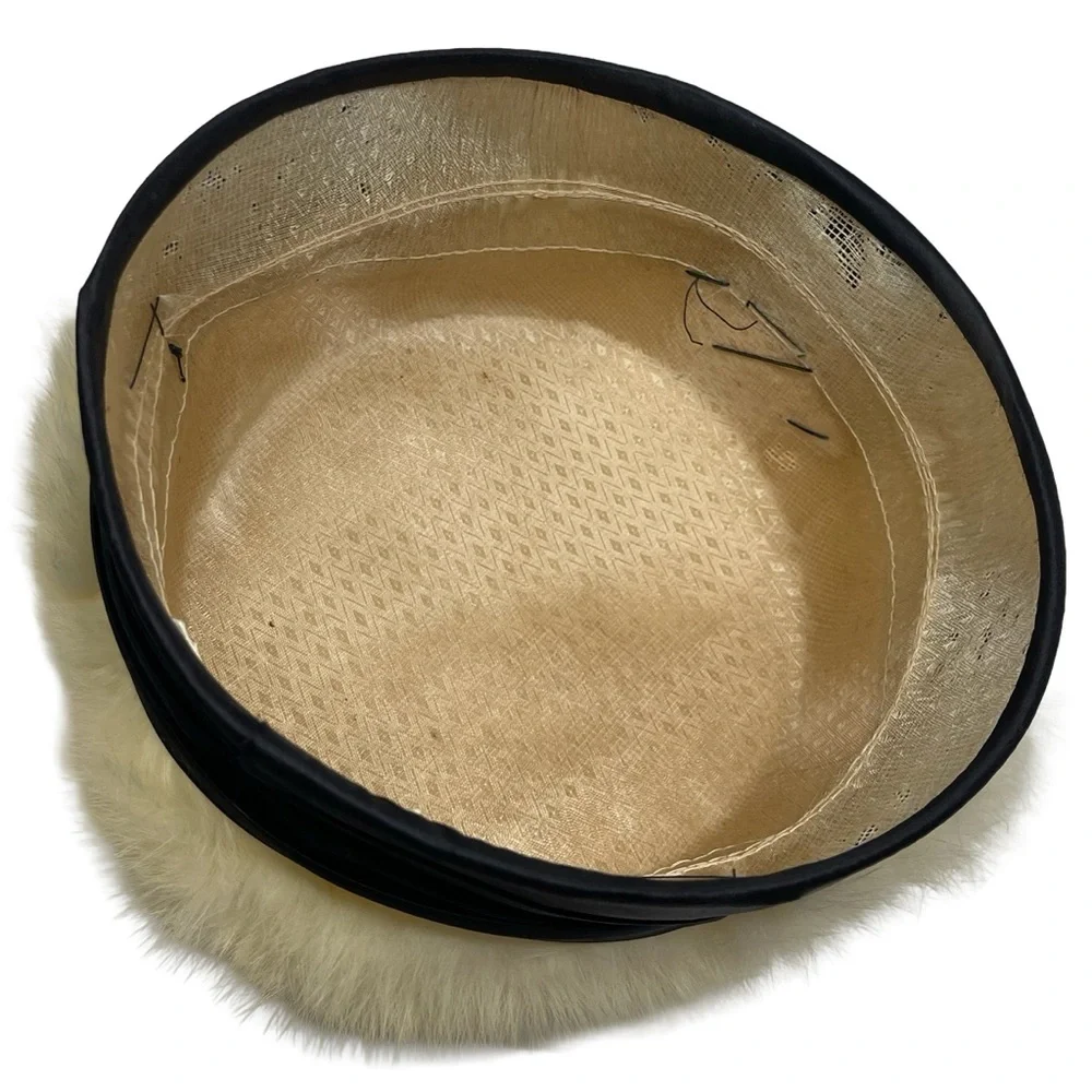 Vintage The Bonnet Shoppe Cream Faux Fur Black Satin Pillbox Hat Made In USA - Picture 9 of 9